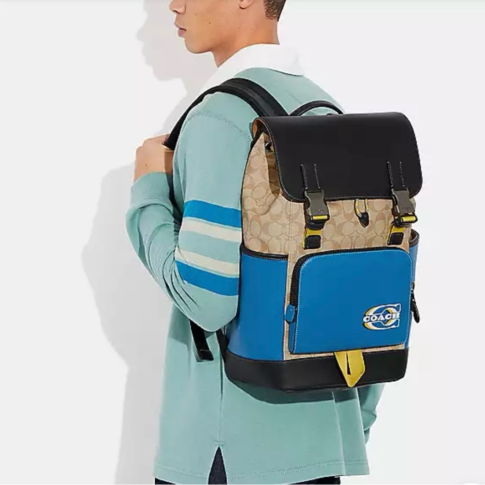 COACH Track Backpack In Colorblock Black Antique Nickel/Steam/Sandy Beige Multi